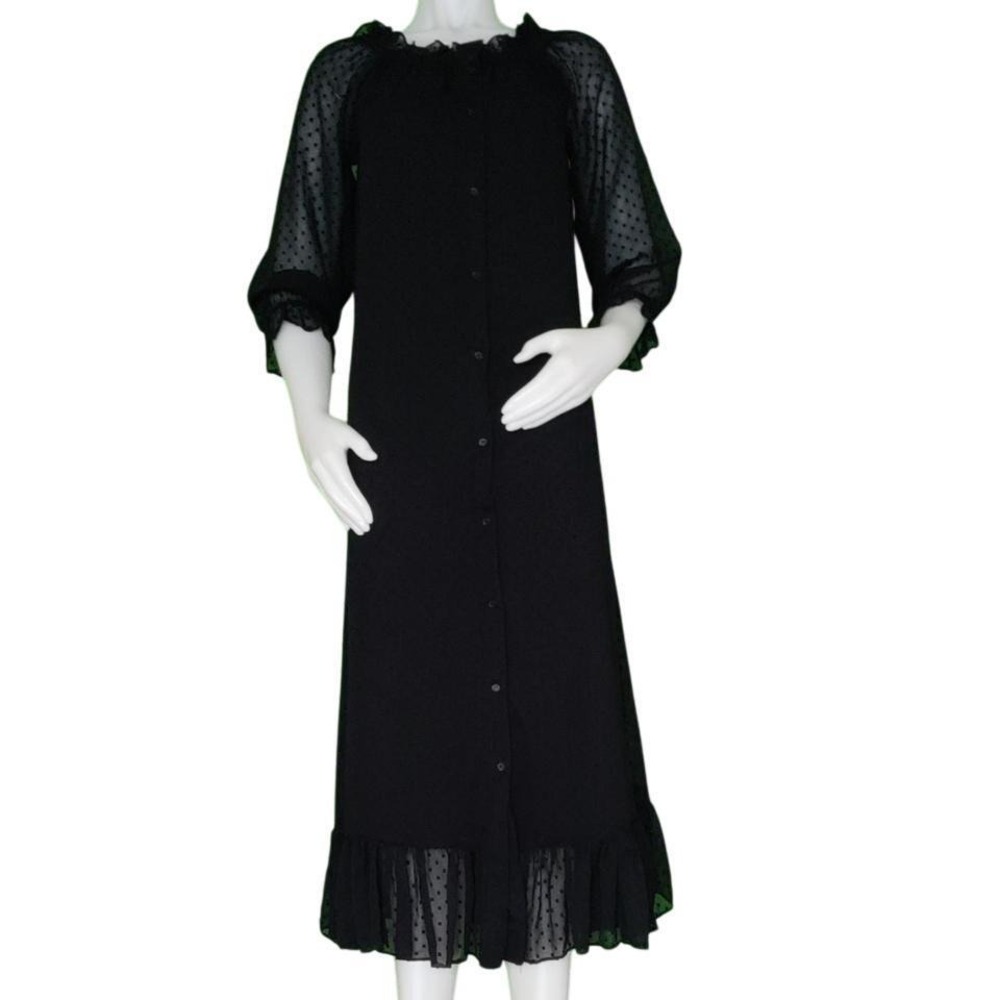 Walter Baker Black Mesh Swiss Dot Button Down Ruffle Sleeve Midi Dress XS